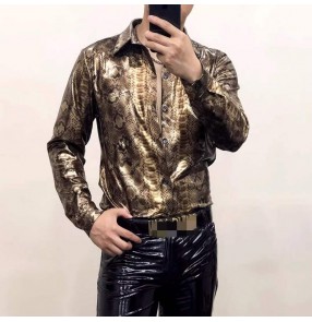 Singer gold python print Jazz dance shiny shirts for men hiphop street costumes gogo dancers rapper singers slim fit plus size nightclub sexy shirt